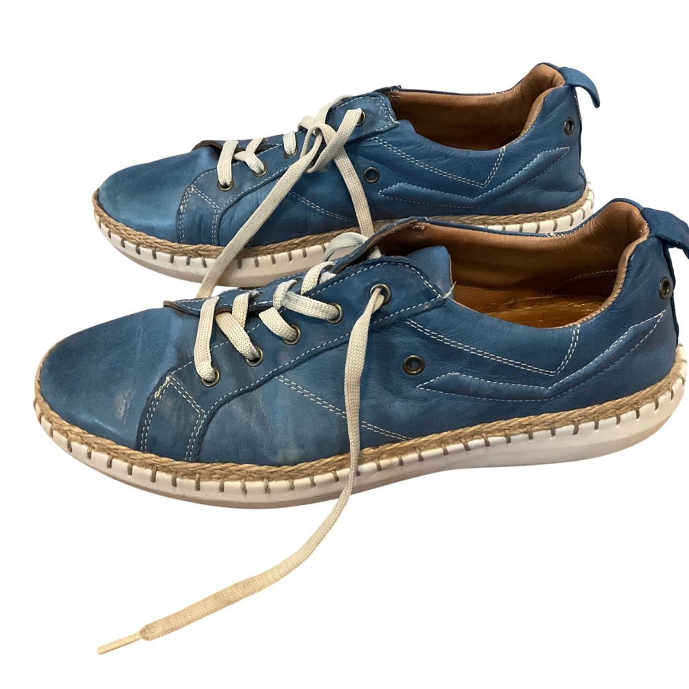 Biza Blue Leather SneakersCasual Lace-Up Walking Shoes with Jute Trim size 9 40‎